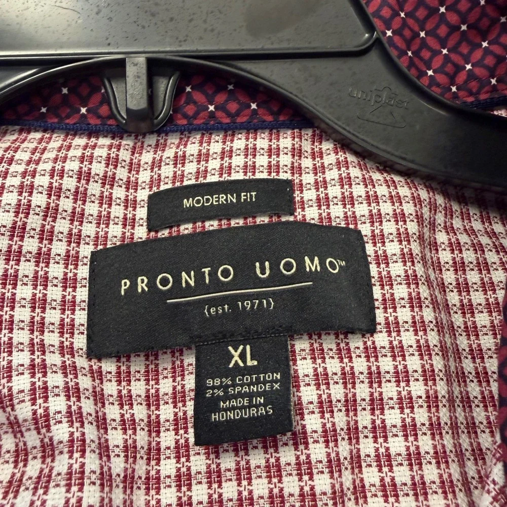 Pronto Uomo Mens XL Modern Fit Button‎ Down Shirt Red White Micro Check Stretch